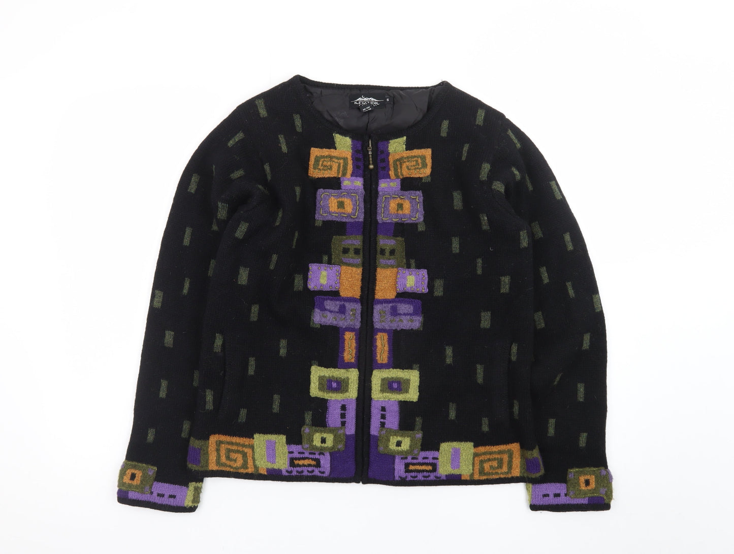 Icelandic Design Womens Black Wool Geometric Zip Cardigan S
