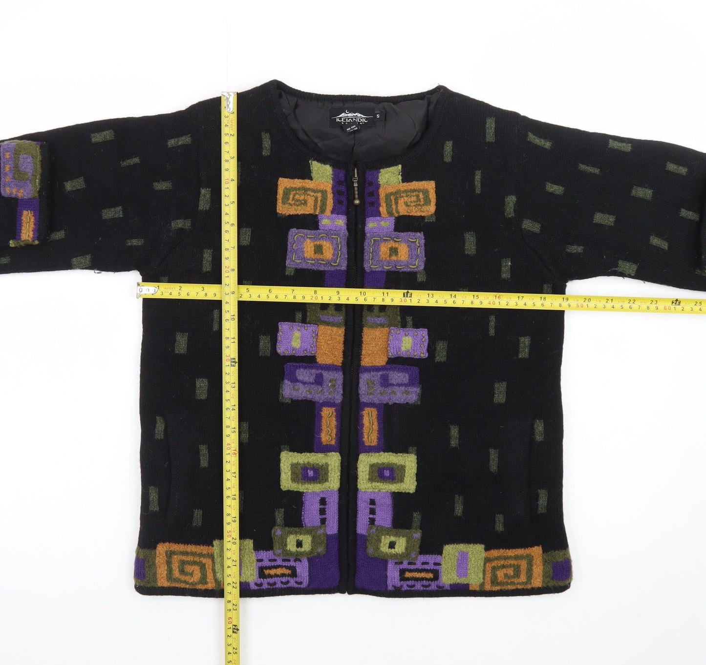 Icelandic Design Womens Black Wool Geometric Zip Cardigan S