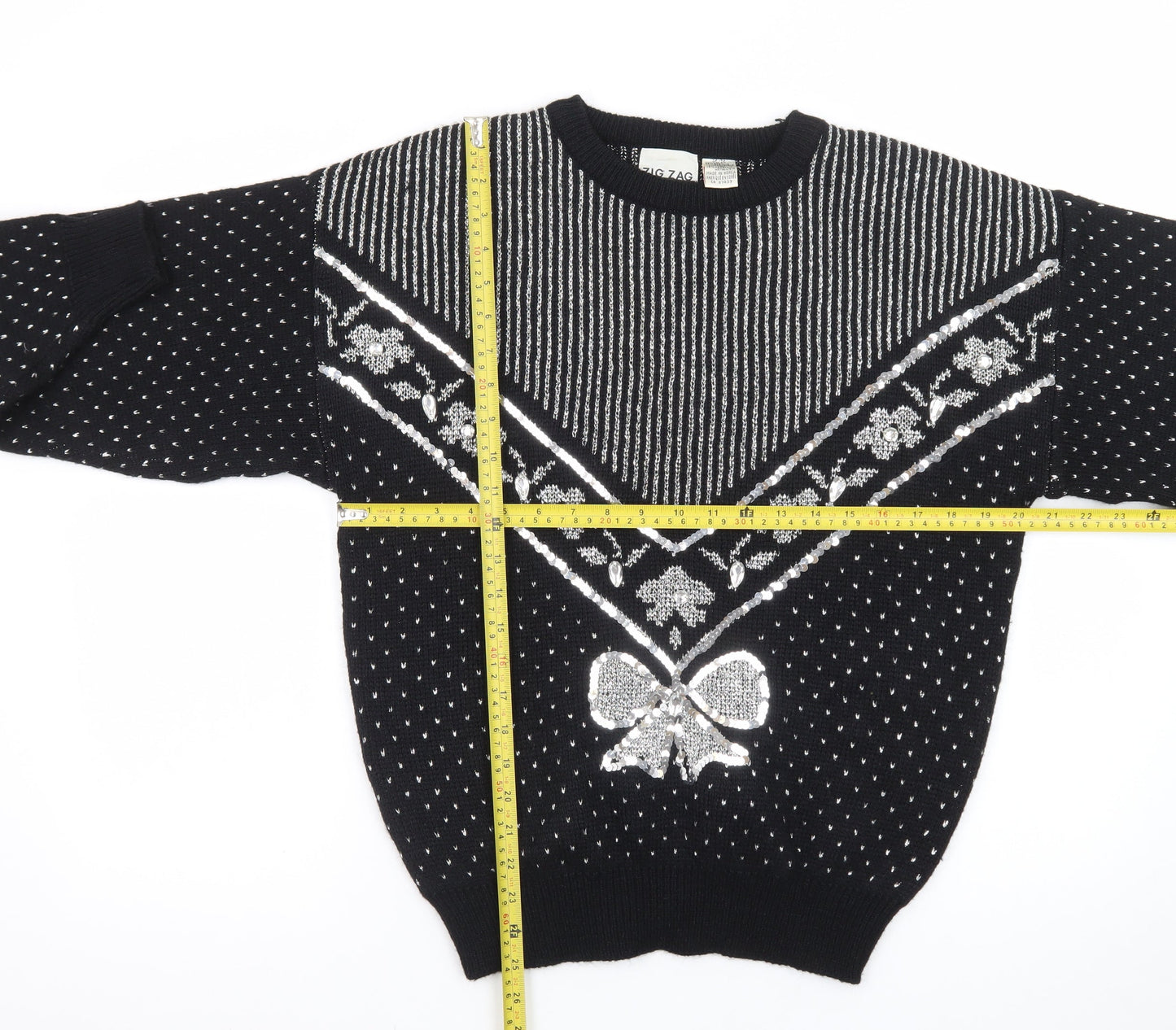 Zig Zag Womens Black Sequin Bow Retro Knit Jumper Size M