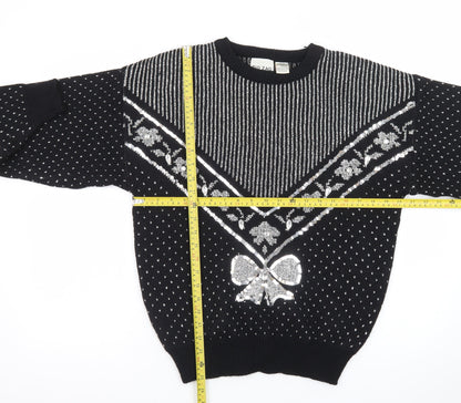 Zig Zag Womens Black Sequin Bow Retro Knit Jumper Size M