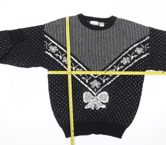 Zig Zag Womens Black Sequin Bow Retro Knit Jumper Size M