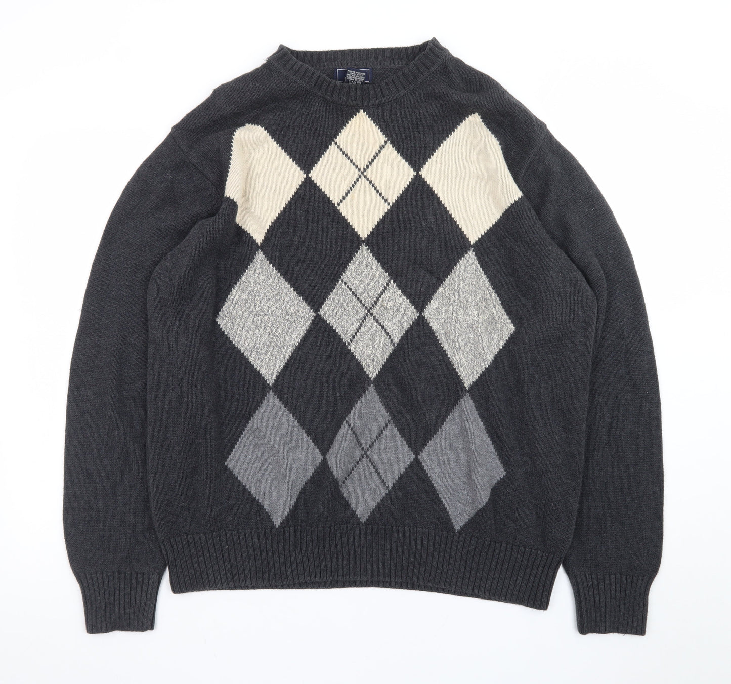 Dockers Men’s Grey Argyle Cotton Jumper XL Crew Neck Sweater