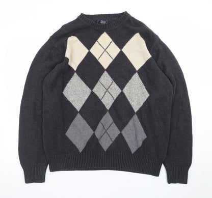 Dockers Men’s Grey Argyle Cotton Jumper XL Crew Neck Sweater