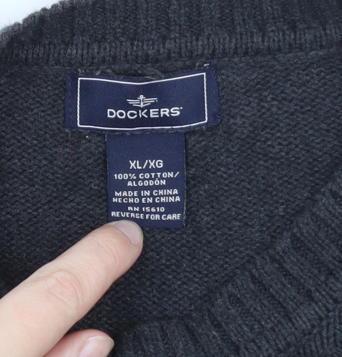 Dockers Men’s Grey Argyle Cotton Jumper XL Crew Neck Sweater