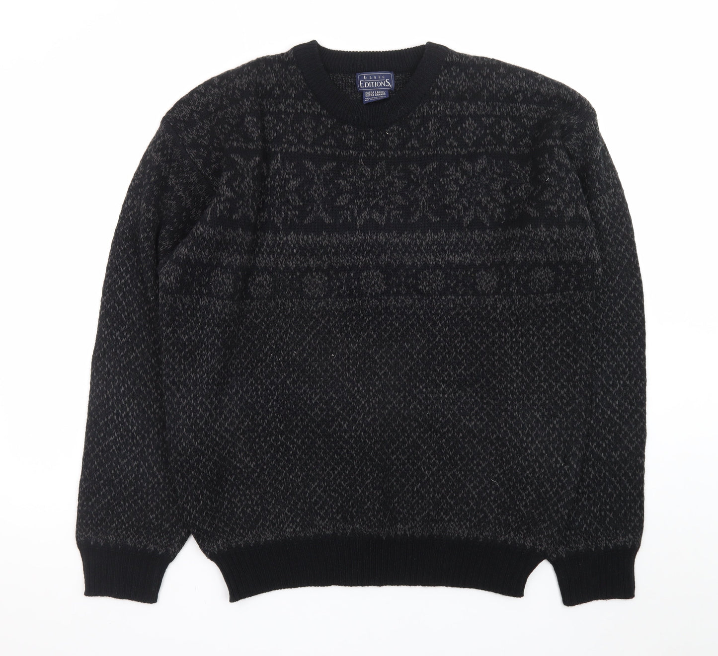 Basic Editions Men Black XL Fair Isle Acrylic Pullover Jumper