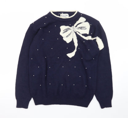 Alfred Dunner Women’s Navy Bow Pullover Jumper Size M Acrylic Knit