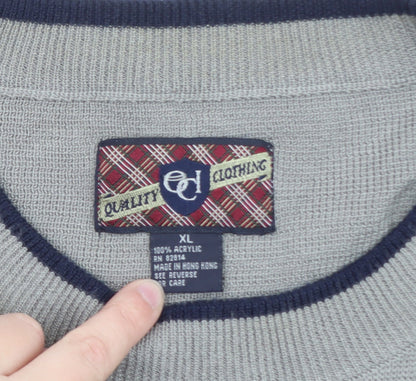 ECL Quality Clothing Men's Grey XL Striped Acrylic Crew Neck Jumper
