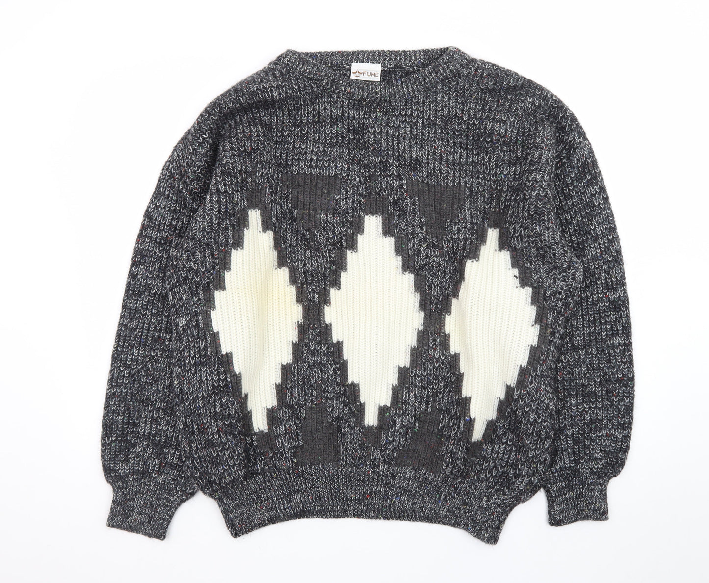Fiume Men's Grey Argyle Wool Blend Chunky Knit Pullover Jumper XL
