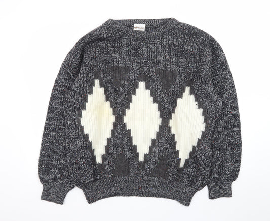 Fiume Men's Grey Argyle Wool Blend Chunky Knit Pullover Jumper XL