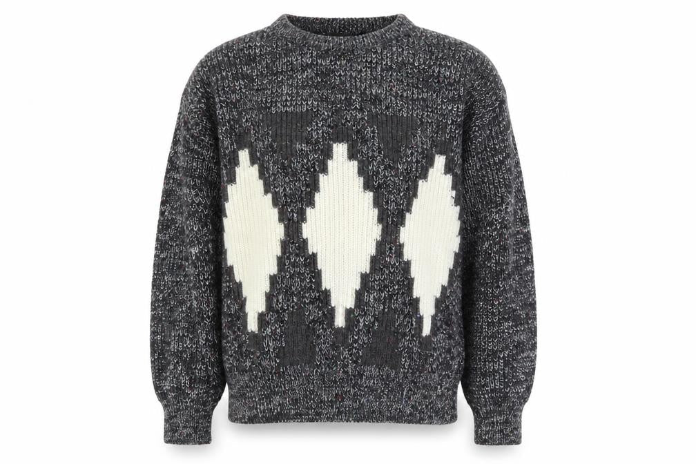 Fiume Men's Grey Argyle Wool Blend Chunky Knit Pullover Jumper XL