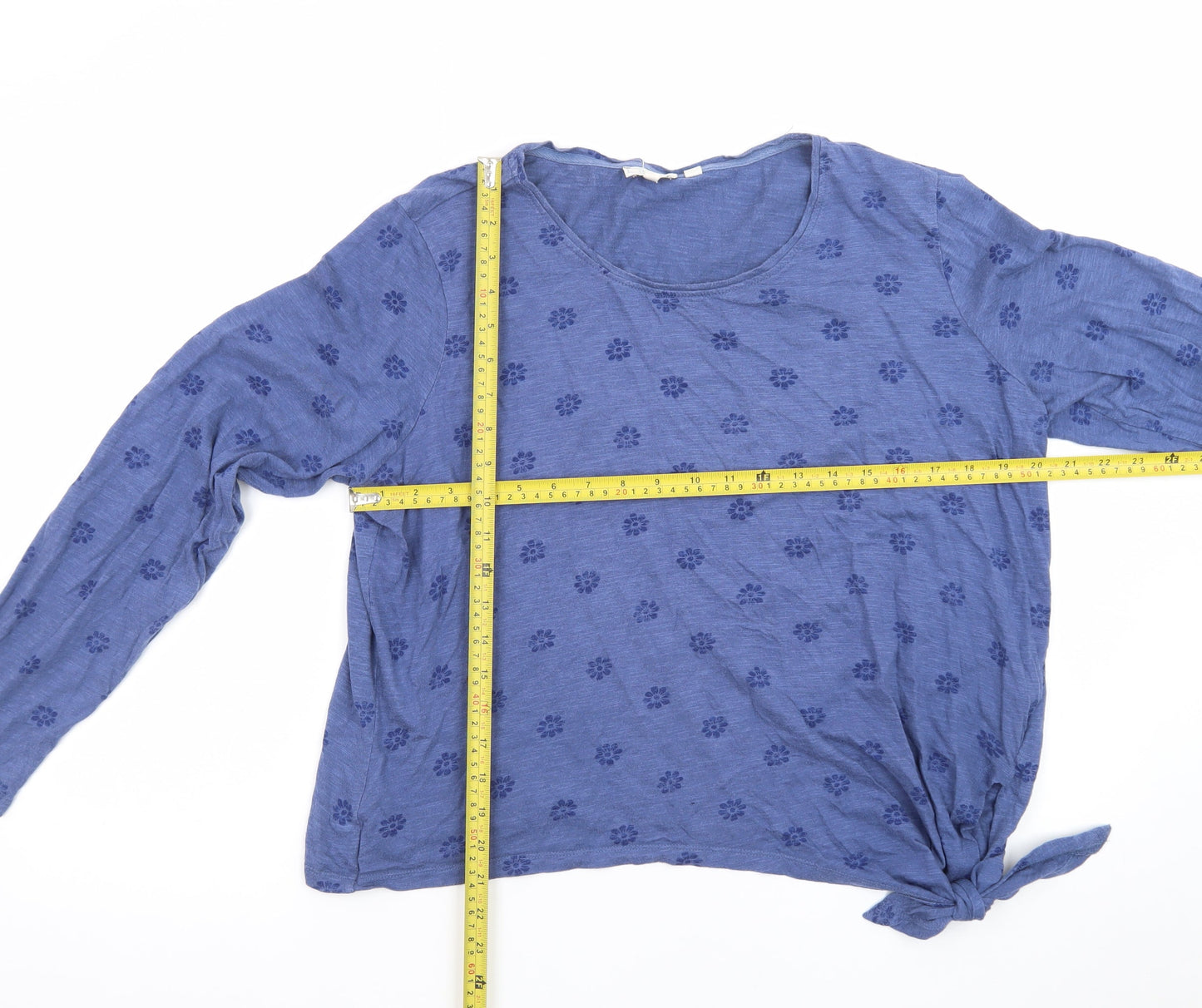 Fat Face Women's Blue Floral Tie Hem Long Sleeve Cotton Top Size 16