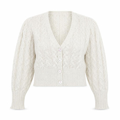 INTRECCI Women Ivory Mohair Blend Cable Knit Cardigan L