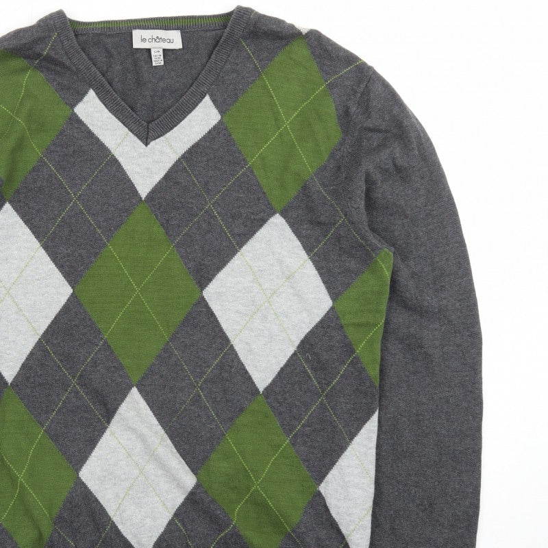 Le Château Men’s Grey Argyle V-Neck Knit Pullover Jumper L