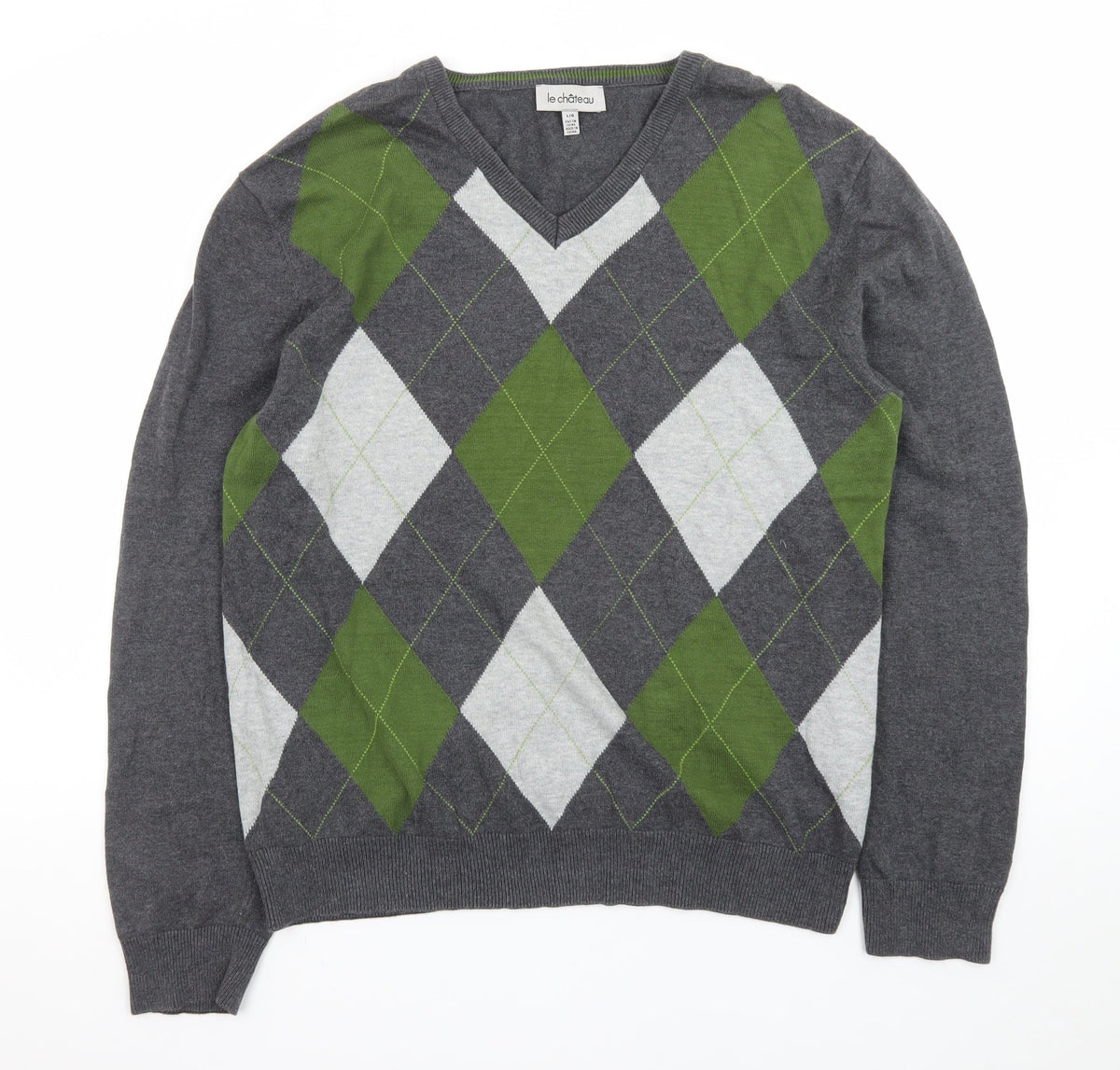 Le Château Men’s Grey Argyle V-Neck Knit Pullover Jumper L
