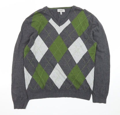 Le Château Men’s Grey Argyle V-Neck Knit Pullover Jumper L