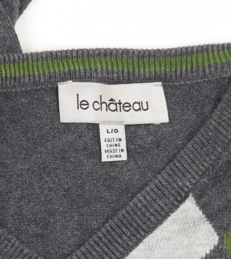 Le Château Men’s Grey Argyle V-Neck Knit Pullover Jumper L
