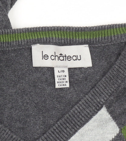 Le Château Men’s Grey Argyle V-Neck Knit Pullover Jumper L