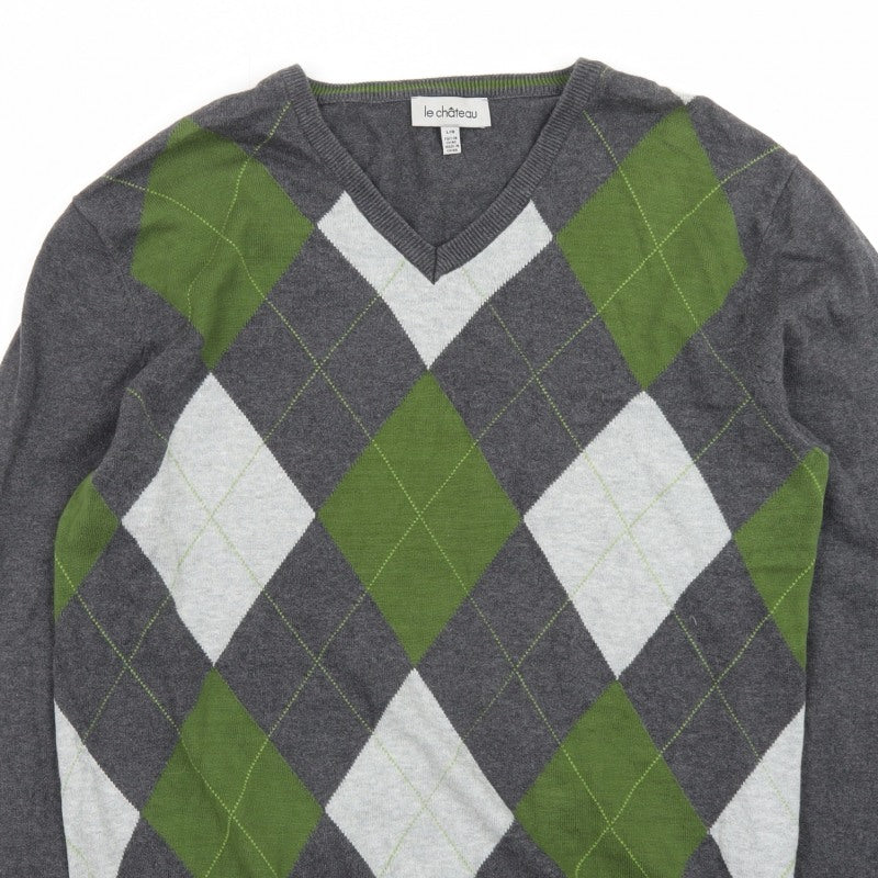 Le Château Men’s Grey Argyle V-Neck Knit Pullover Jumper L