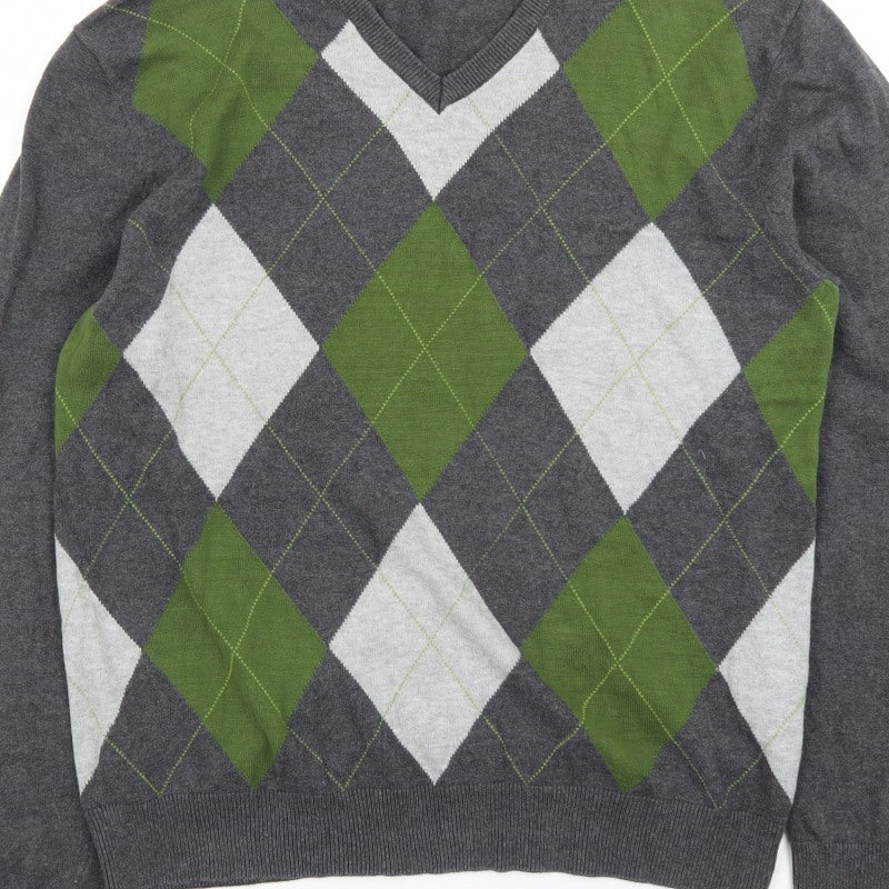 Le Château Men’s Grey Argyle V-Neck Knit Pullover Jumper L
