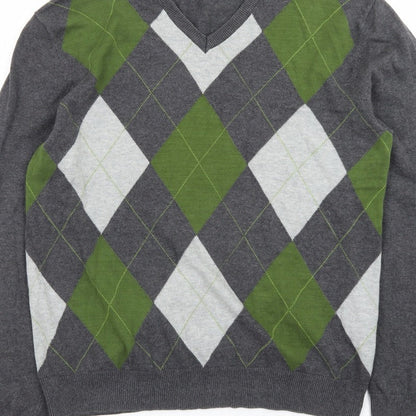 Le Château Men’s Grey Argyle V-Neck Knit Pullover Jumper L