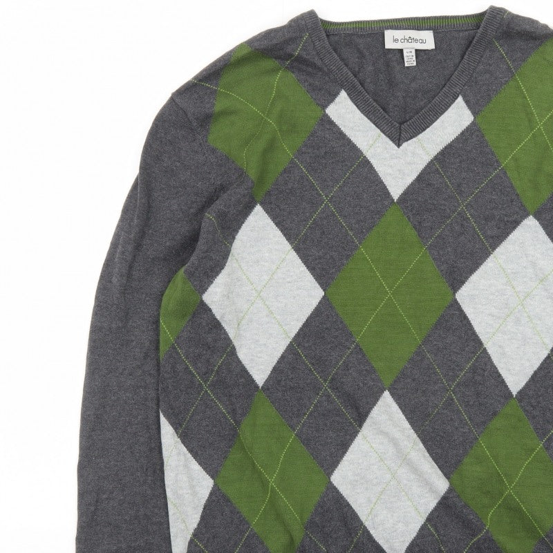 Le Château Men’s Grey Argyle V-Neck Knit Pullover Jumper L