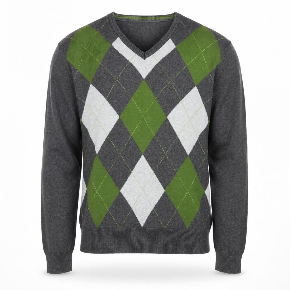 Le Château Men’s Grey Argyle V-Neck Knit Pullover Jumper L