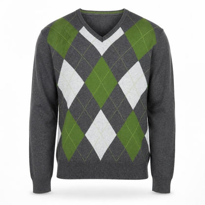 Le Château Men’s Grey Argyle V-Neck Knit Pullover Jumper L
