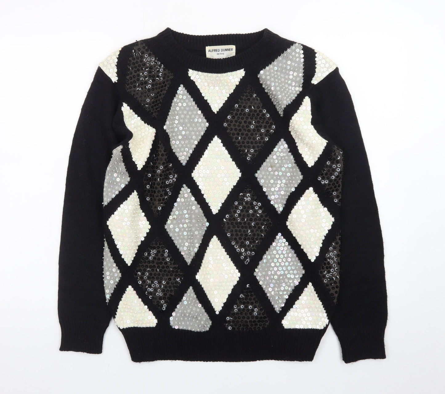 Alfred Dunner Women's Petite M Black Sequin Argyle Knit Jumper