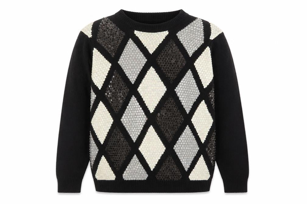 Alfred Dunner Women's Petite M Black Sequin Argyle Knit Jumper