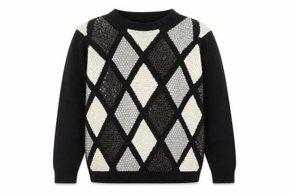 Alfred Dunner Women's Petite M Black Sequin Argyle Knit Jumper