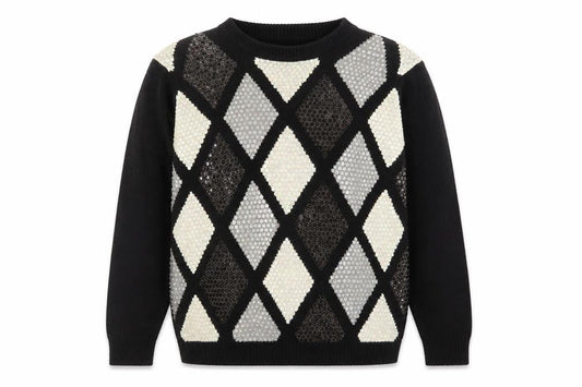 Alfred Dunner Women's Petite M Black Sequin Argyle Knit Jumper