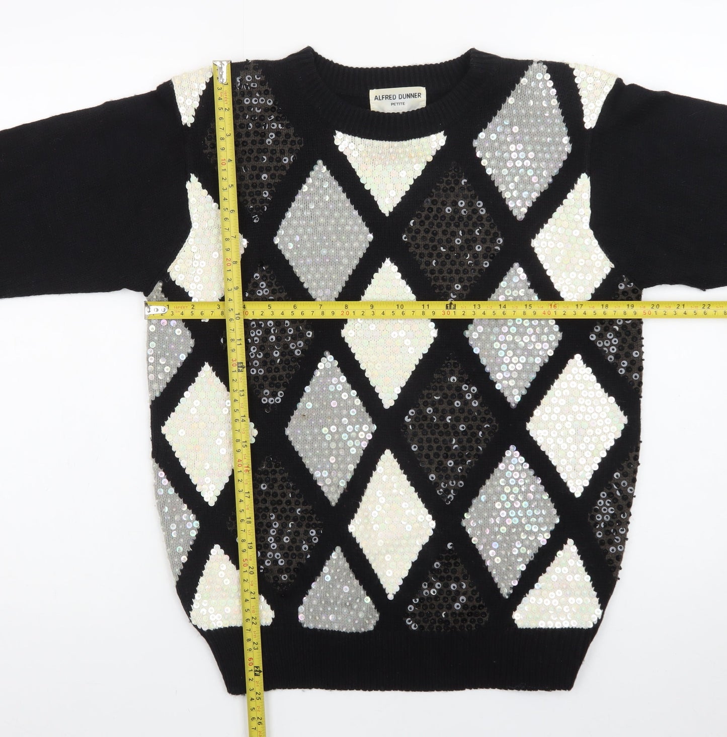 Alfred Dunner Women's Petite M Black Sequin Argyle Knit Jumper