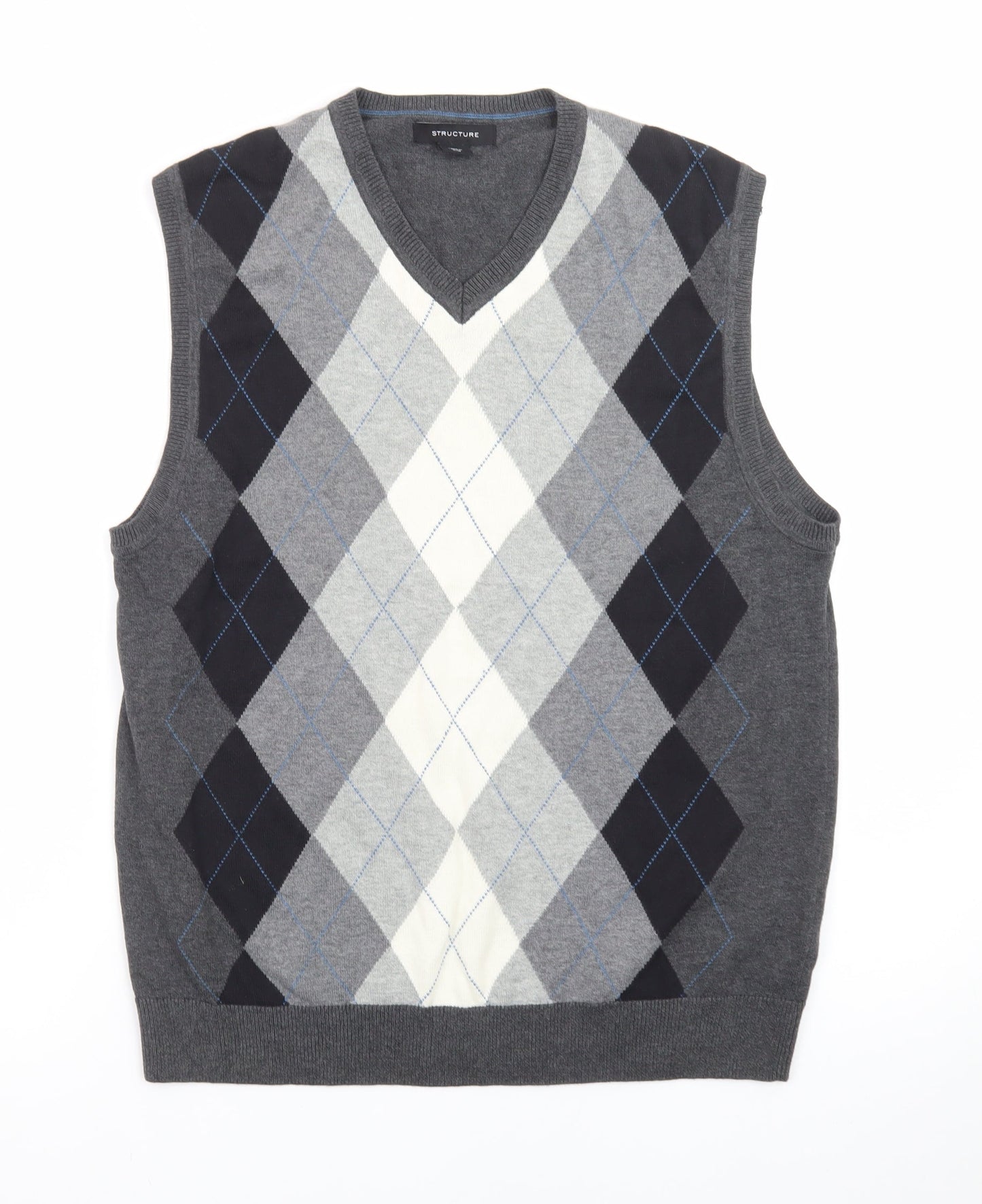 Structure Men's Grey Argyle V-Neck Sleeveless Knit Jumper Vest M