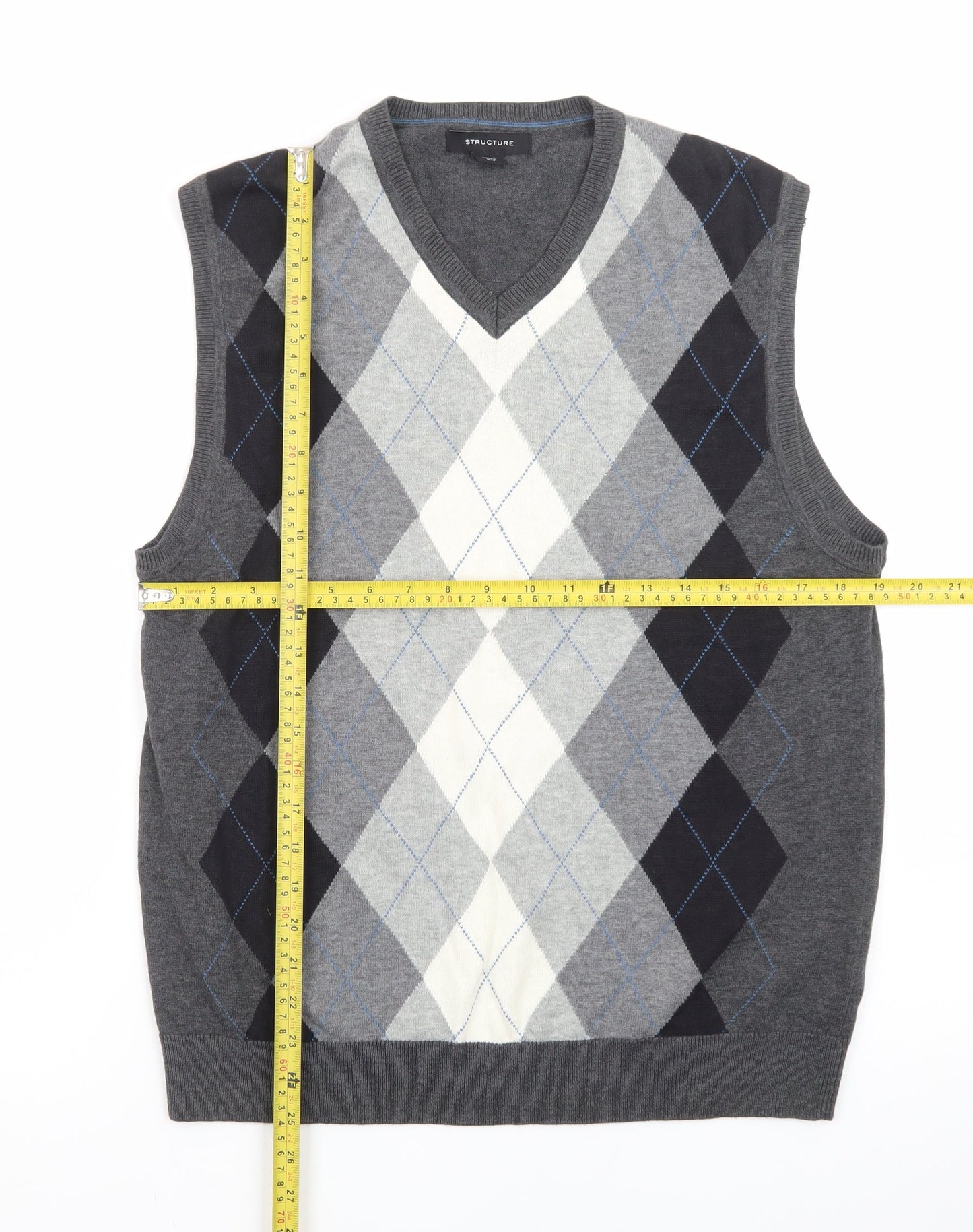 Structure Men's Grey Argyle V-Neck Sleeveless Knit Jumper Vest M