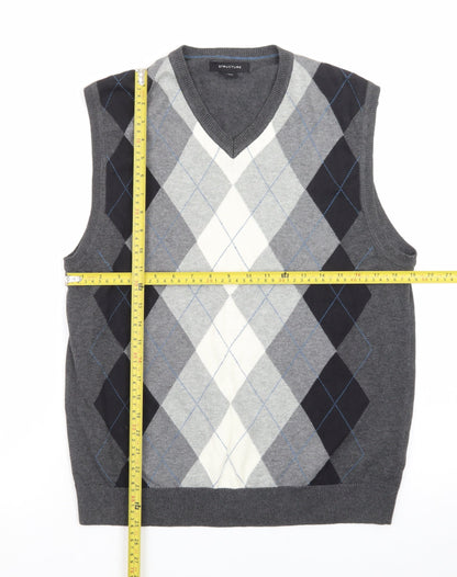 Structure Men's Grey Argyle V-Neck Sleeveless Knit Jumper Vest M