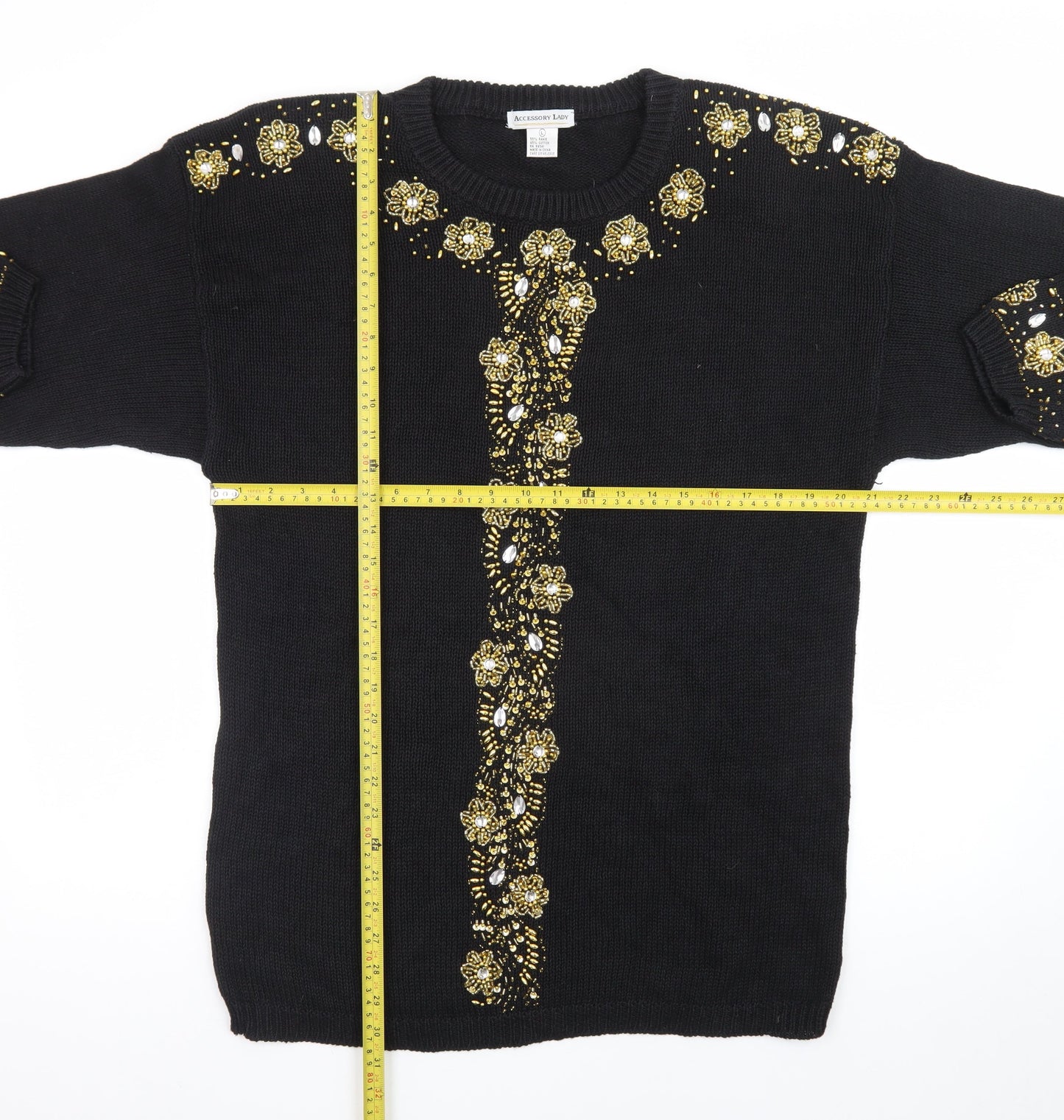 Accessory Lady Women's Black Beaded Knit Shift Dress L Vintage