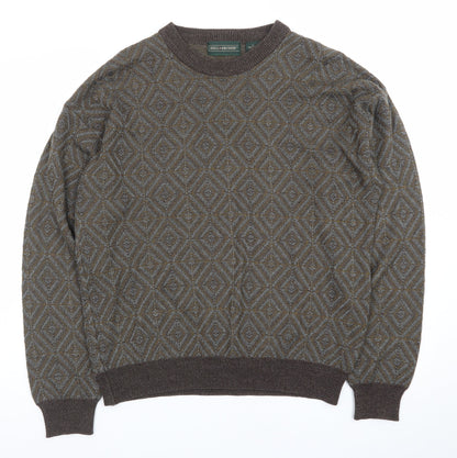 Hill & Archer Men's Brown Grey Diamond Pattern Acrylic Jumper Size L