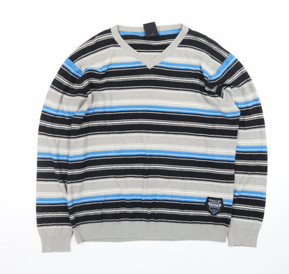 Burnside Men's Blue Striped Cotton V-Neck Jumper Size L