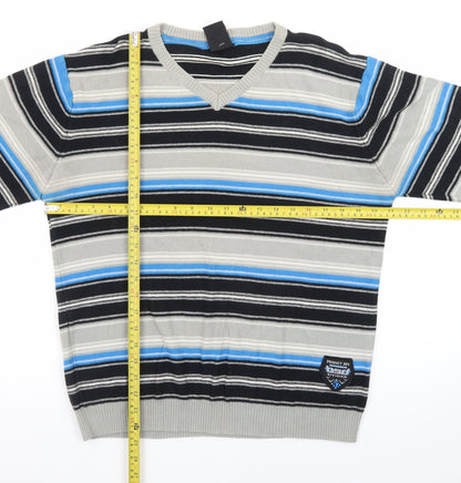 Burnside Men's Blue Striped Cotton V-Neck Jumper Size L