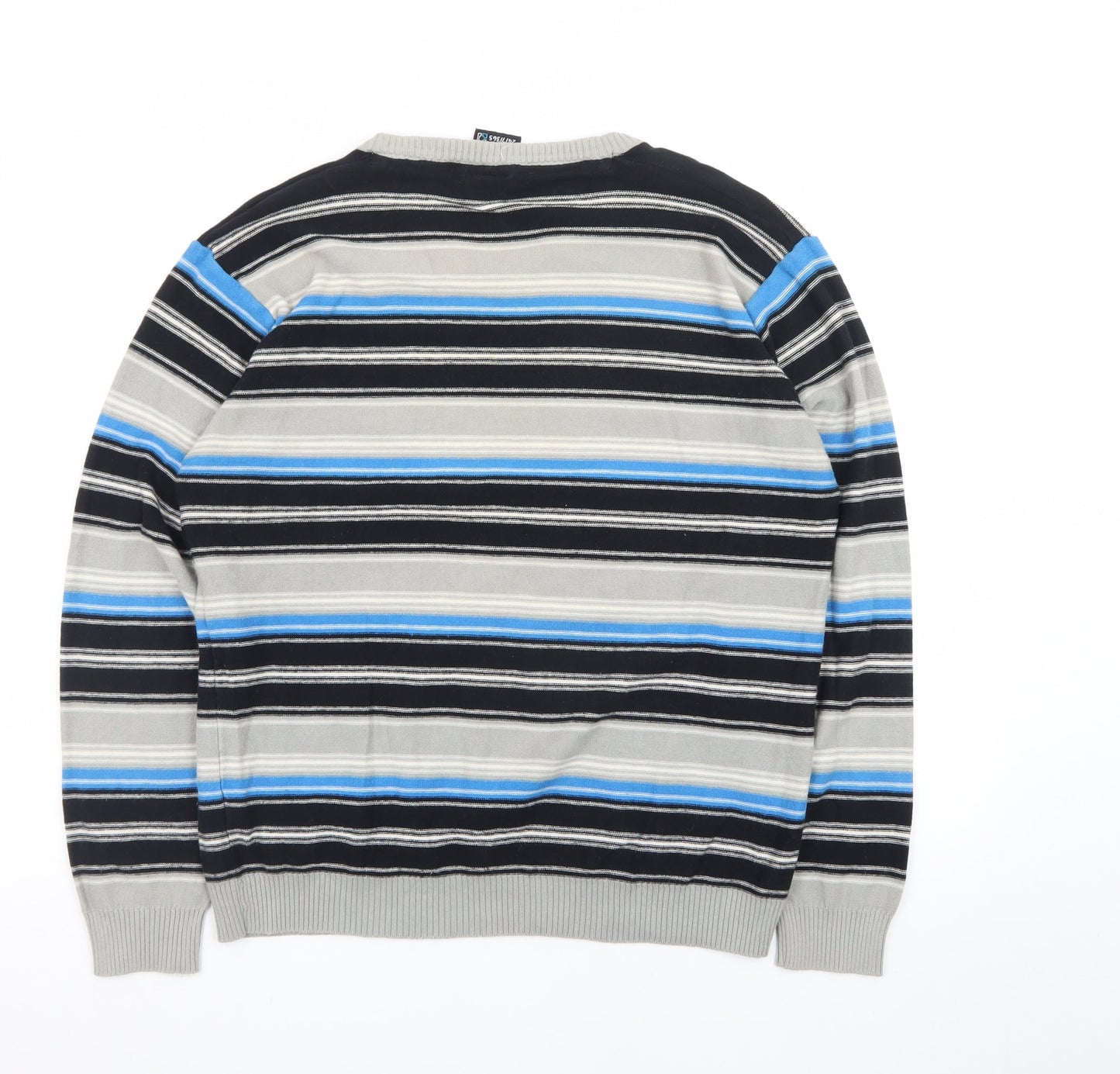 Burnside Men's Blue Striped Cotton V-Neck Jumper Size L