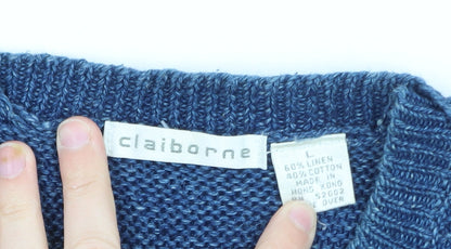 Claiborne Mens Blue Linen Cotton Crew Neck Pullover Jumper L