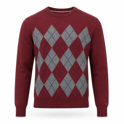 Tommy Hilfiger Men's Red Argyle Crew Neck Cotton Jumper Size S