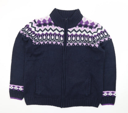 Isle Womens Blue Fair Isle Full Zip Knit Jumper Size L 18-20