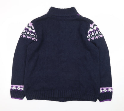 Isle Womens Blue Fair Isle Full Zip Knit Jumper Size L 18-20