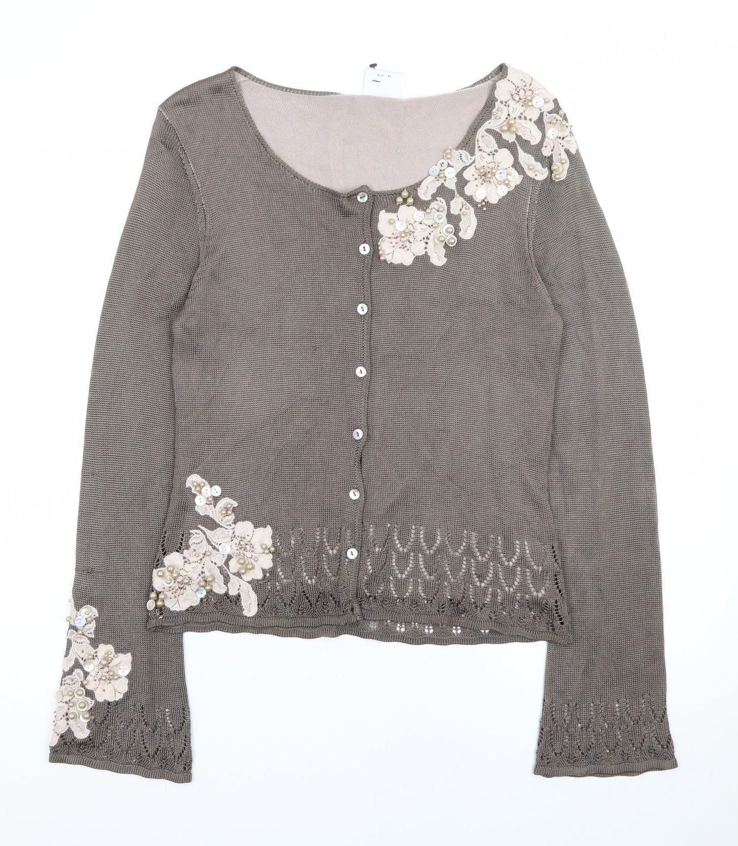 Next Women’s Brown Floral Embroidered Cardigan UK 14 Scoop Neck
