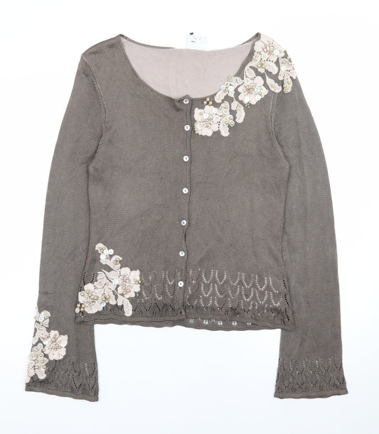 Next Women’s Brown Floral Embroidered Cardigan UK 14 Scoop Neck