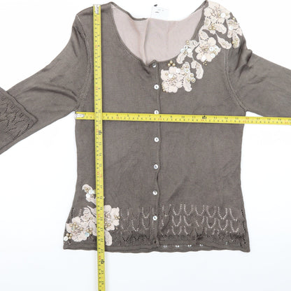 Next Women’s Brown Floral Embroidered Cardigan UK 14 Scoop Neck