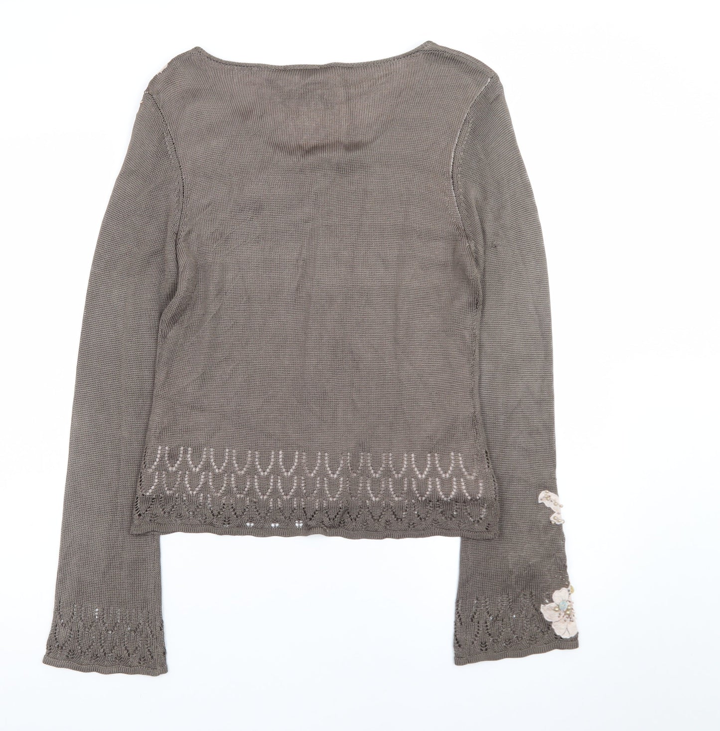Next Women’s Brown Floral Embroidered Cardigan UK 14 Scoop Neck