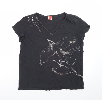 Miss Captain Women’s Black Bird Print V-Neck Cotton T-Shirt Size S