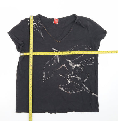 Miss Captain Women’s Black Bird Print V-Neck Cotton T-Shirt Size S